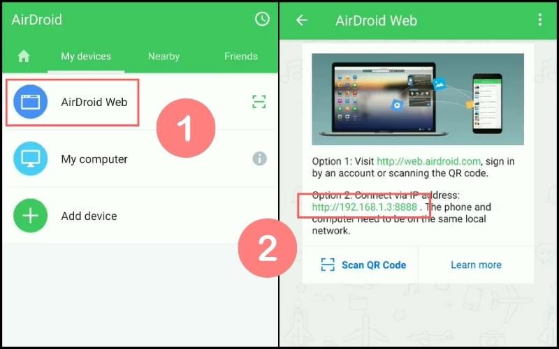 Chọn Airdroid Web và xem địa chỉ IP