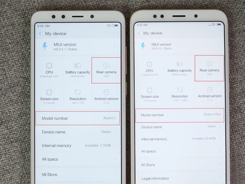 Thông số kỹ thuật của Redmi 5 (bên trái) và Redmi 5 Plus (bên phải)