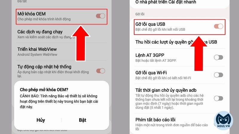 Bật "Mở khóa OEM" và "Gỡ lỗi qua USB"