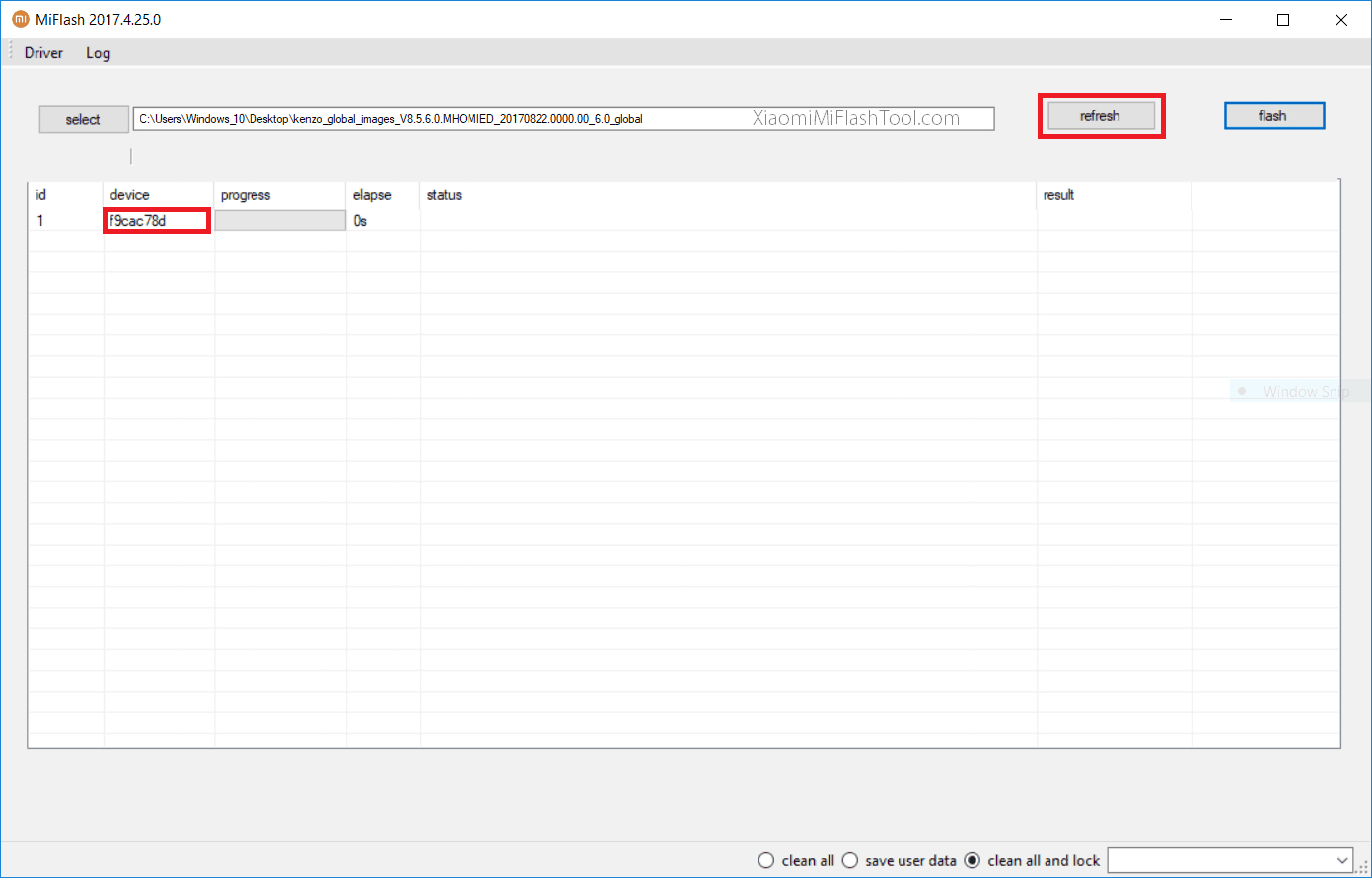 Nhấp vào Refresh để cho phép Xiaomi Mi Flash Tool nhận ra thiết bị của bạn