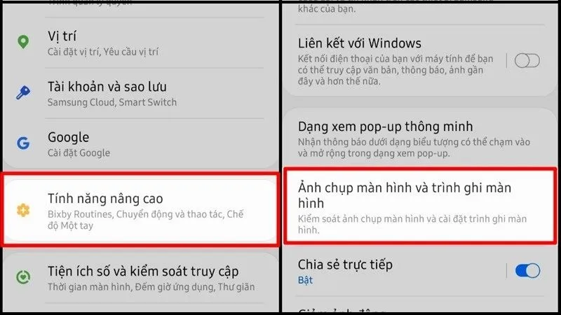 Tìm và chọn mục Tính năng nâng cao rồi chọn tiếp mục Ảnh chụp màn hình và Trình ghi màn hình.