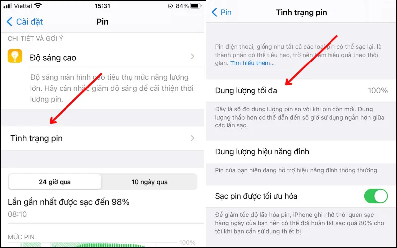 Chọn vào mục Tình trạng pin