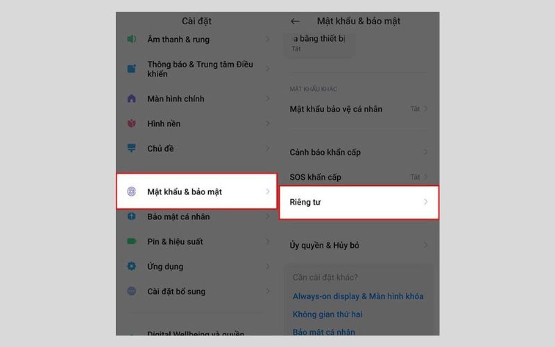 Chọn mục Mật khẩu & Bảo mật và ấn chọn Rêng tư