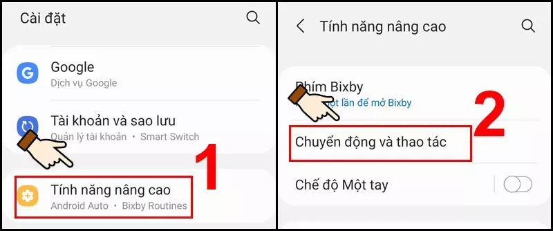 Chọn Chuyển động và thao tác trong mục Tính năng nâng cao