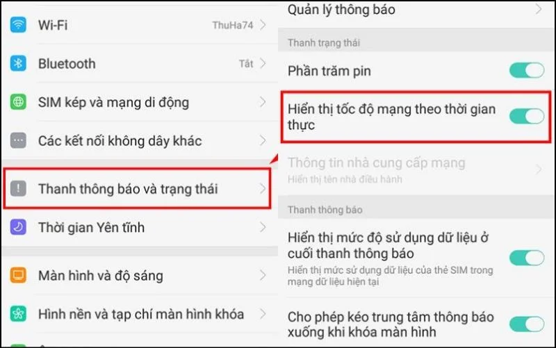bật Hiển thị tốc độ mạng theo giờ thực