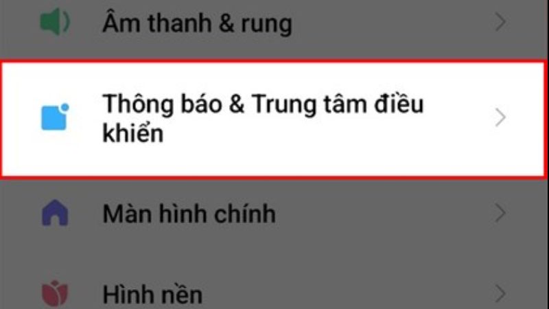 Chọn Thông báo và Trung tâm điều khiến