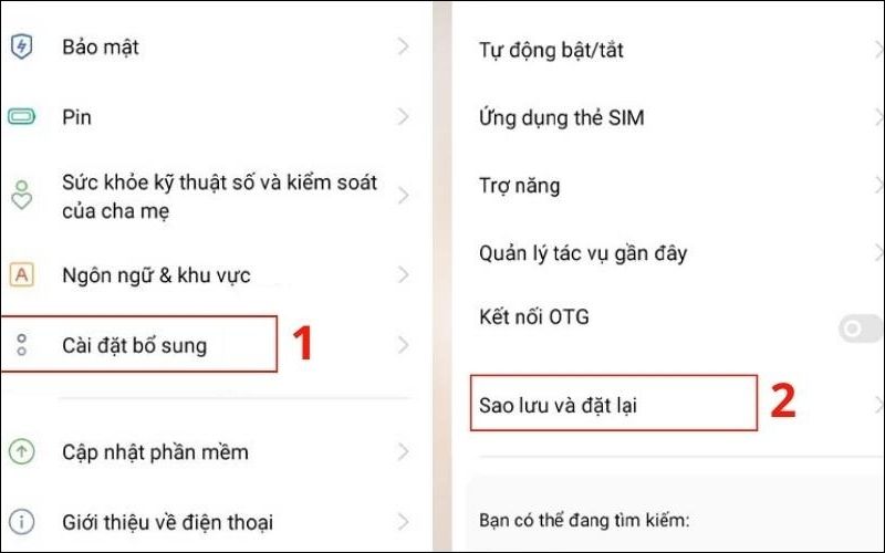 Cài đặt bổ sung > Sao lưu và đặt lại