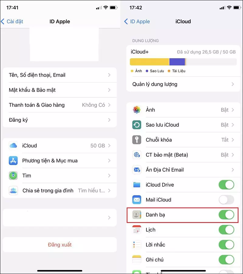 Bật đồng bộ Danh bạ với iCloud