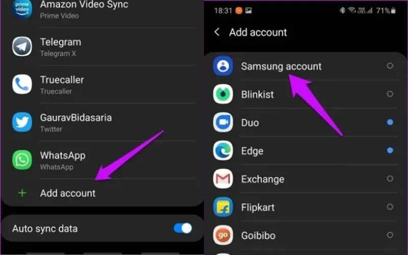 Nhấn nút Add accounts và chọn Samsung account để bắt đầu quá trình