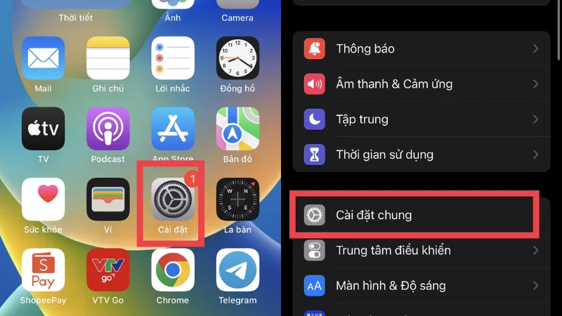 Kéo xuống và click vào dòng Cài đặt chung