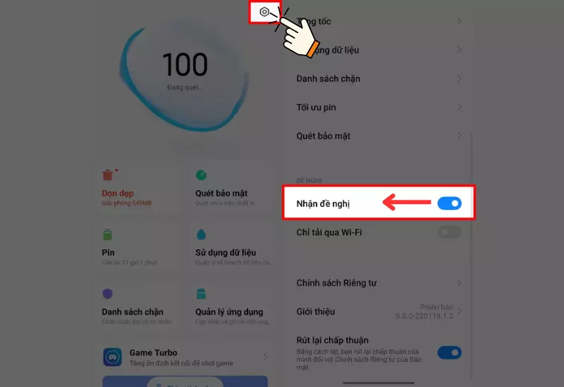 Vào biểu tượng cài đặt tắt đi Nhận đề nghị