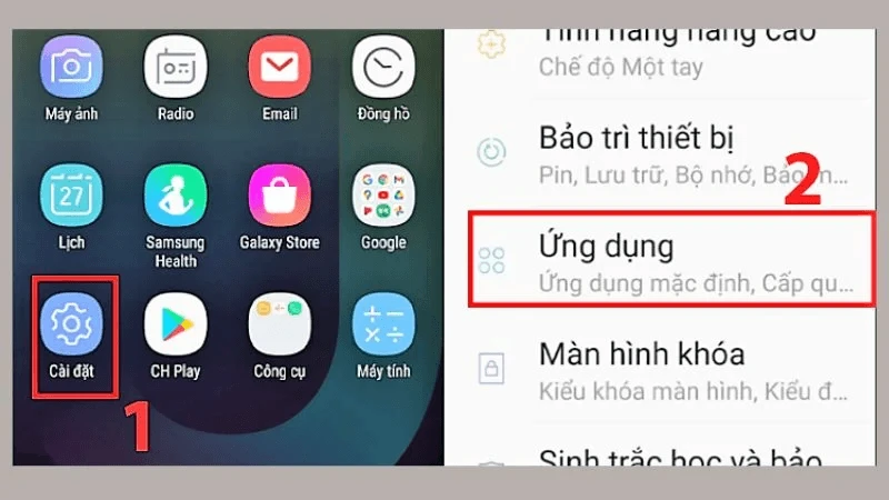 Vào Cài đặt chọn Ứng dụng