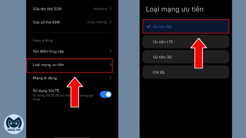 Bước 2_ Chọn Loại mạng ưu tiên - Chọn Ưu tiên 5G