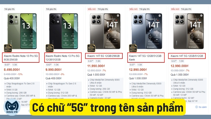 Có chữ 5G trong tên sản phẩm