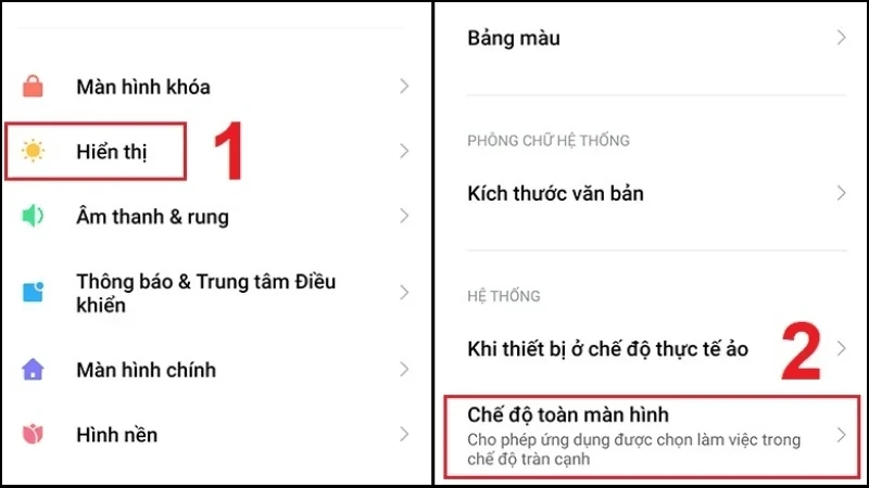 Chọn Hiển thị, chọn tiếp Chế độ toàn màn hình