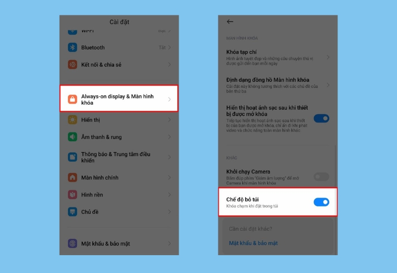 Vào Always-on display & Màn hình khóa rồi bật Chế độ bỏ túi