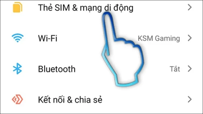 Chọn Thẻ SIM và Mạng di động trong Cài đặt