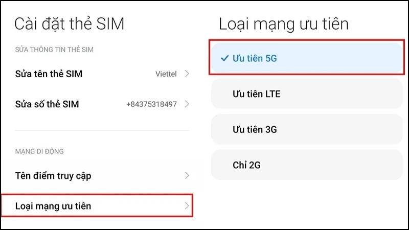 Nhấp vào Loại mạng ưu tiên, hãy chọn Ưu tiên 5G