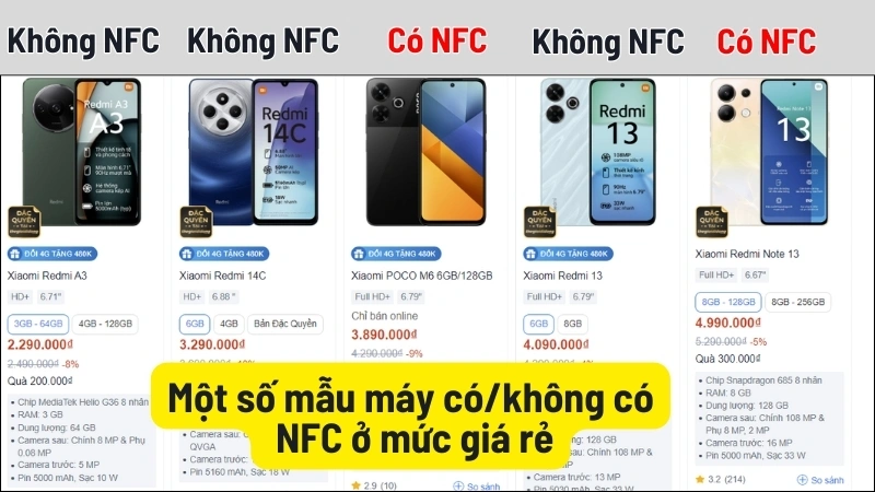 Một số mẫu máy có_không có NFC ở mức giá rẻ