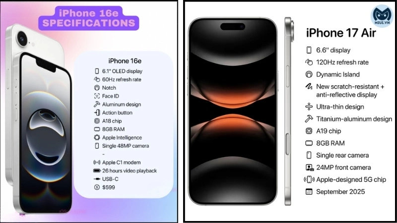 So sánh tổng quan iPhone 16e và iPhone 17 Air
